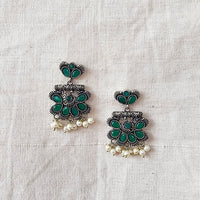 BALAMANI- Green Stone With Pearls German Oxidized Earring