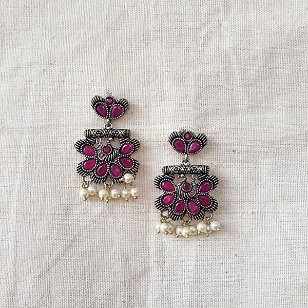 BALAMANI- Pink Stone With Pearls German Oxidized Earring