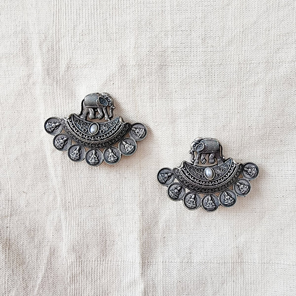BALAMANI-Elephant Lakshmi Coin Design German Oxidised Earrings