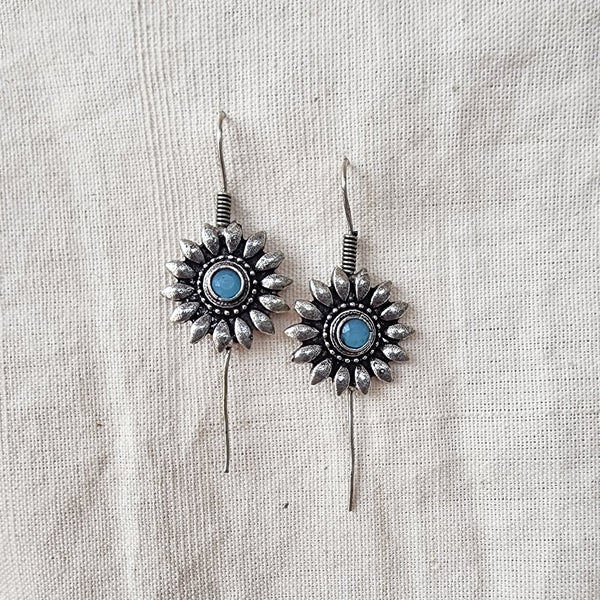 BALAMANI- Light Blue Stone Pin bugadi German Oxidized Earring