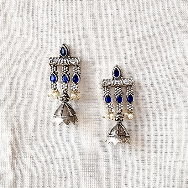 BALAMANI-Blue Stone Finish Floral Motifs German Oxidized Earring