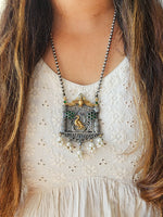 Neckpiece -Silver Tone Peacock Face Tribal With Pearls German Oxidised  Neckpiece