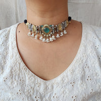 Neckpiece -Sea Green Stone With Pearls German Oxidised Neckpiece