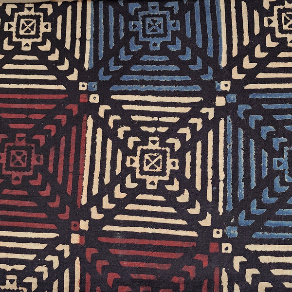 Pure Cotton Ajrak Black With Blue And Cream Tile Design Hand Block Print Fabric