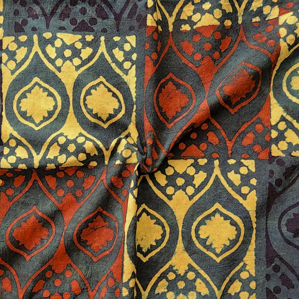 Pure Cotton Ajrak Green With Yellow And Red Intricate Design Tile Hand Block Print Fabric