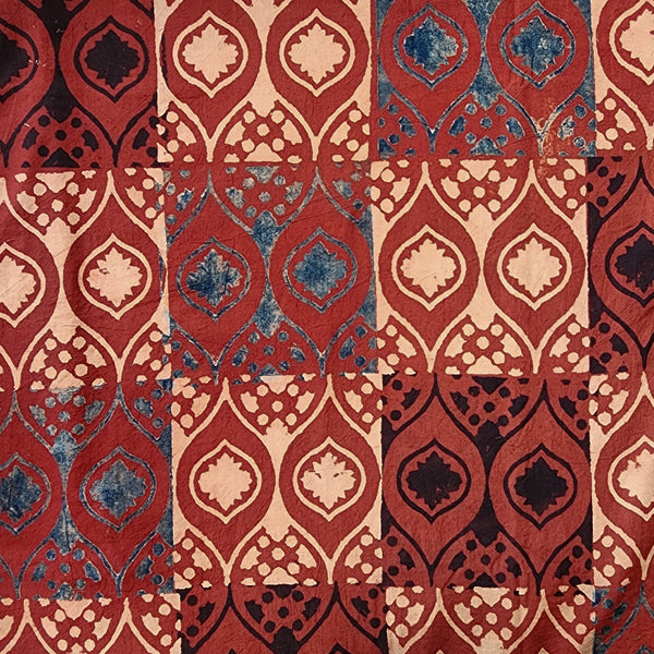 Pure Cotton Ajrak Rust Red With Blue And Cream Intricate Design Tile Hand Block Print Fabric