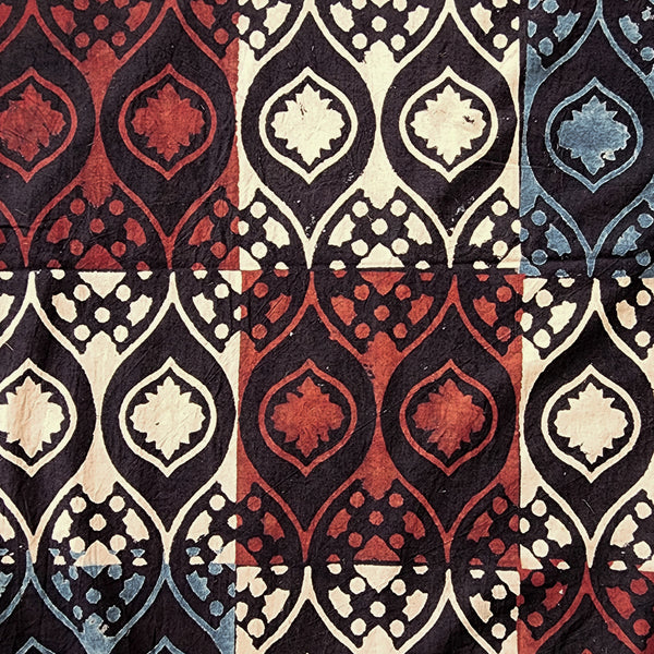 Pure Cotton Ajrak Black With Blue And Red  Intricate Design Tile Hand Block Print Fabric