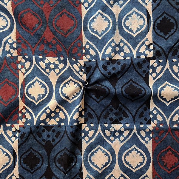 Pure Cotton Ajrak Blue With Red And Cream Intricate Design Tile Hand Block Print Fabric