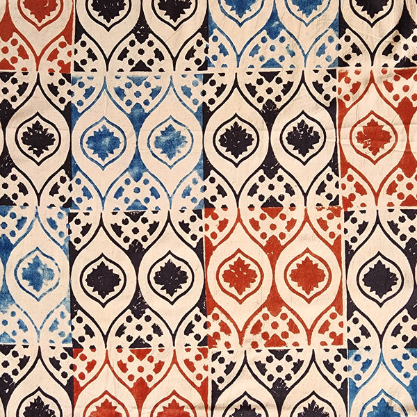 Pure Cotton Ajrak Cream With Orange And Black Intricate Design Tile Hand Block Print Fabric