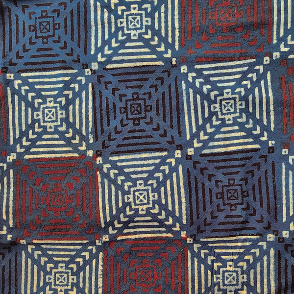 Pure Cotton Ajrak Blue With Black And Red Tile Design Hand Block Print Fabric