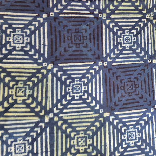 Pure Cotton Ajrak Blue With Green And White Tile Design Hand Block Print Fabric