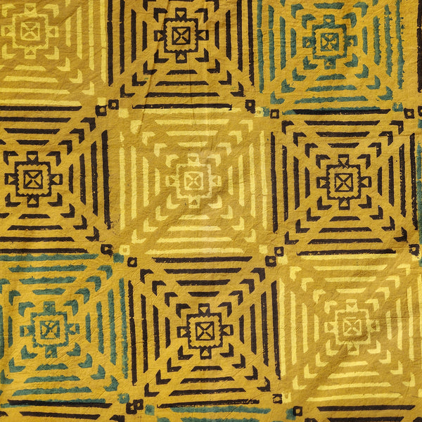 Pure Cotton Ajrak Yellow With Green And Black Tile Design Hand Block Print Fabric