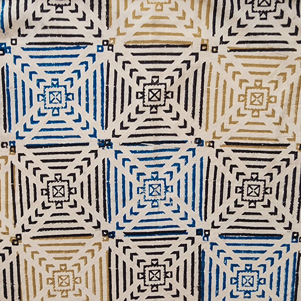 Pure Cotton Ajrak Cream With Mustard And Blue Tile Design Hand Block Print Fabric