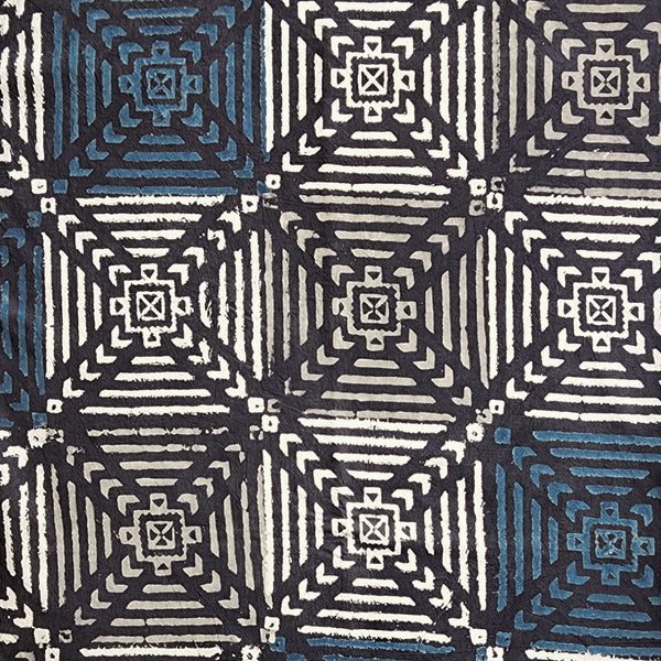 Pure Cotton Ajrak Brown With Cream And Blue Tile Design Hand Block Print Fabric