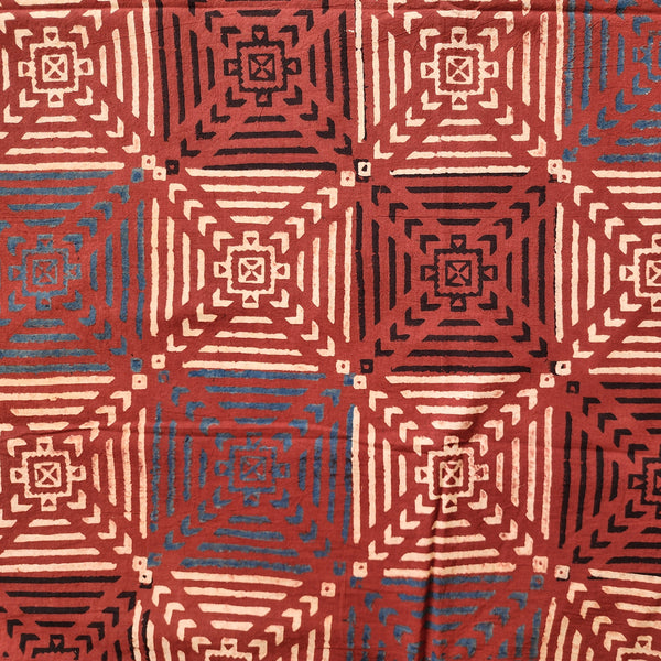 Pure Cotton Ajrak Rust Red With Cream And Blue Tile Design Hand Block Print Fabric