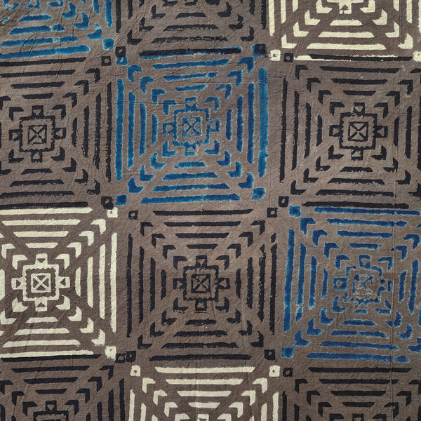 Pure Cotton Ajrak Taupe With Black And Blue Tile Design Hand Block Print Fabric