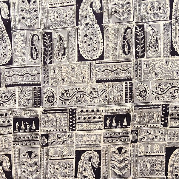 (PRE-CUT 1.20 METER) Modal Kalamkari Grey With Black Kairi Tile Hand Block Print Fabric