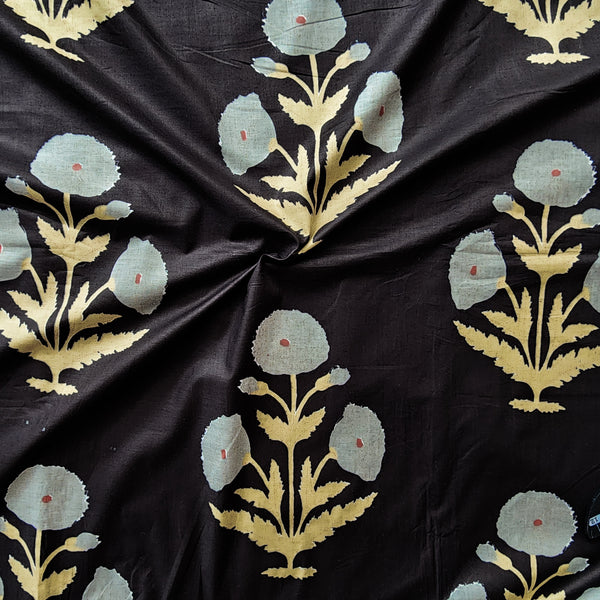 (Pre-Cut 1 Meter) Pure Cotton Screen Print Black With Grey Big Flower Plant Motifs Fabric