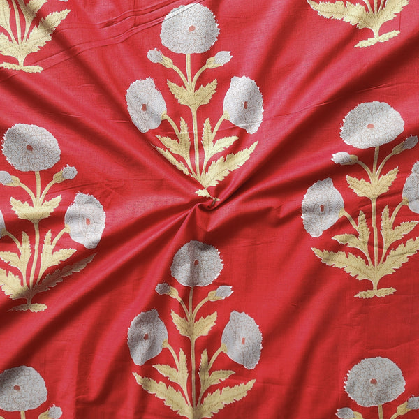 Pure Cotton Screen Print Red With Grey Big Flower Plant Motifs Fabric
