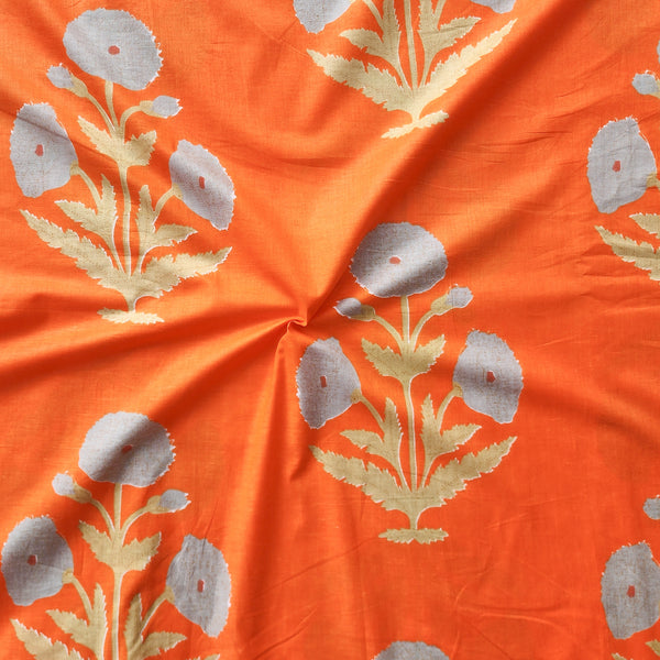 Pure Cotton Screen Print Orange With Grey Big Flower Plant Motifs Fabric
