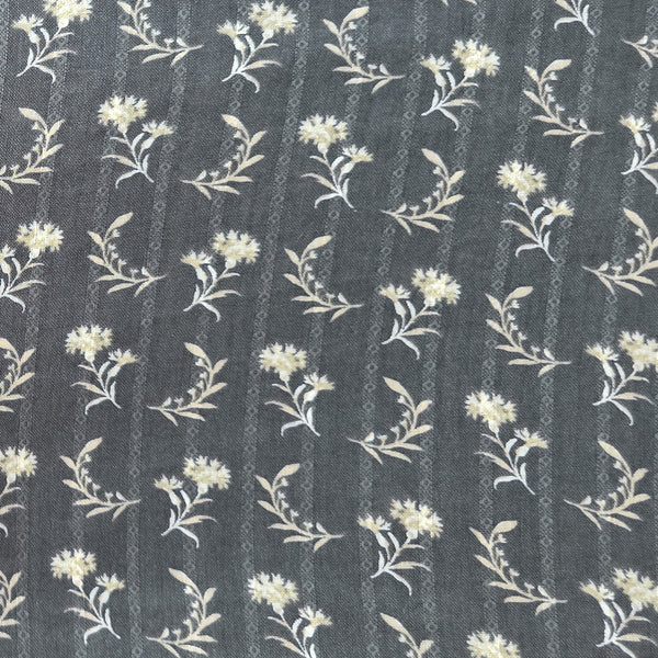 Dark Grey And Cream Small Flower Motif With Self Design Stripes Blended Cotton Fabric