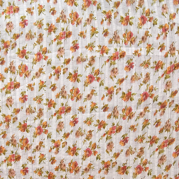 White And Peach With Orange Small Flower Motifs Crepe Cotton Blended Fabric