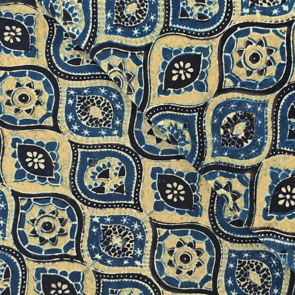 Pure Cotton Gad Ajrak Blue With Mustard Intricate Design Creeper Hand Block Print Fabric