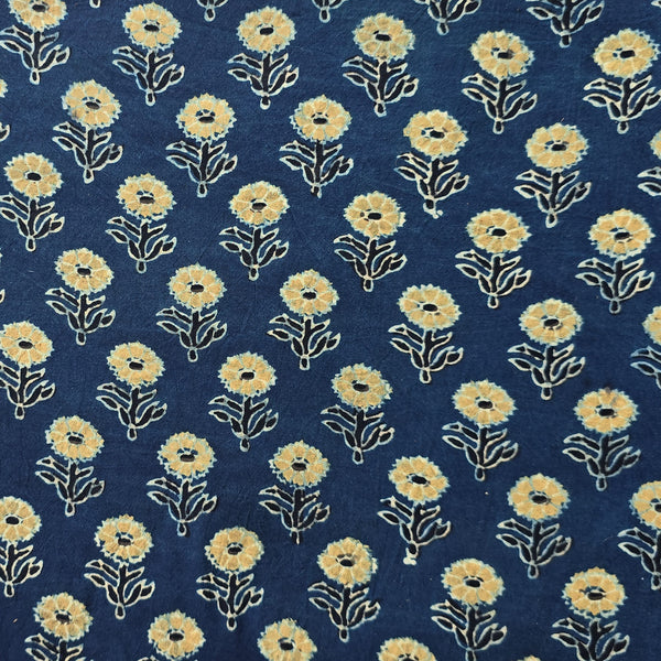Pure Cotton Gad Ajrak Blue With Mustard Flower Motif Hand Block Print Fabric