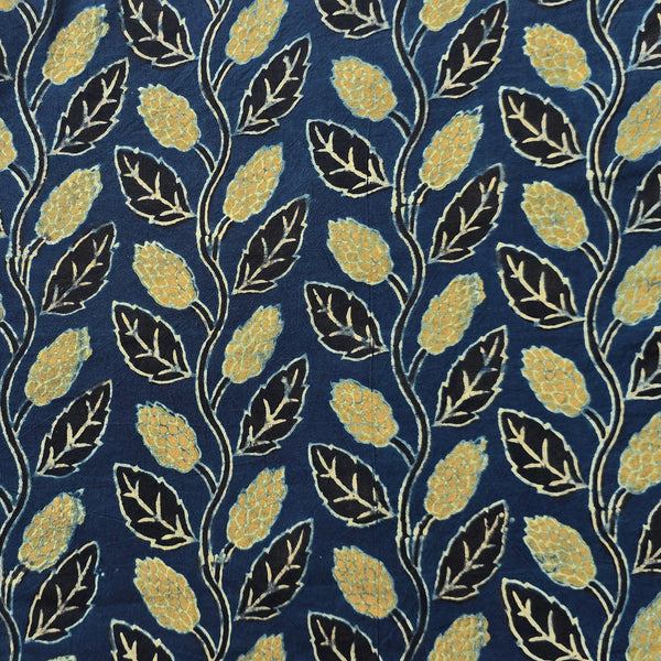 Pure Cotton Gad Ajrak Blue With Mustard Leaves Creeper Hand Block Print Fabric