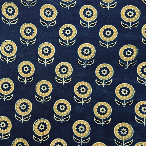 Pure Cotton Gad Ajrak Blue With Mustard Flower Motif Hand Block Print Fabric