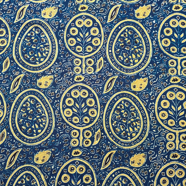 Pure Cotton Gad Ajrak Blue With Mustard Intricate Design Motif Hand Block Print Fabric