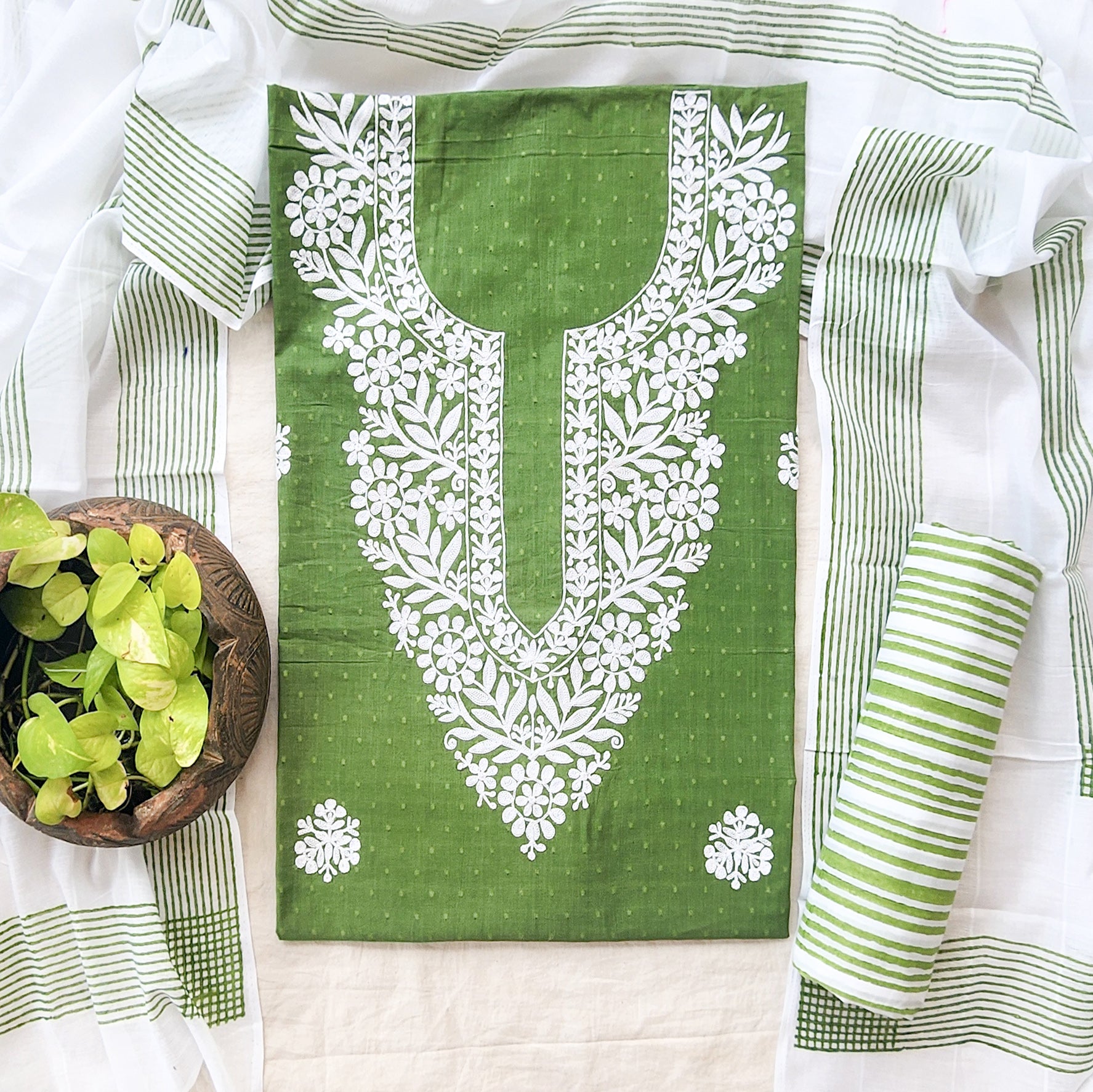 BHAVYA- Pure Cotton Doby Green With Embroidered Yoke Suit – Sanskruti