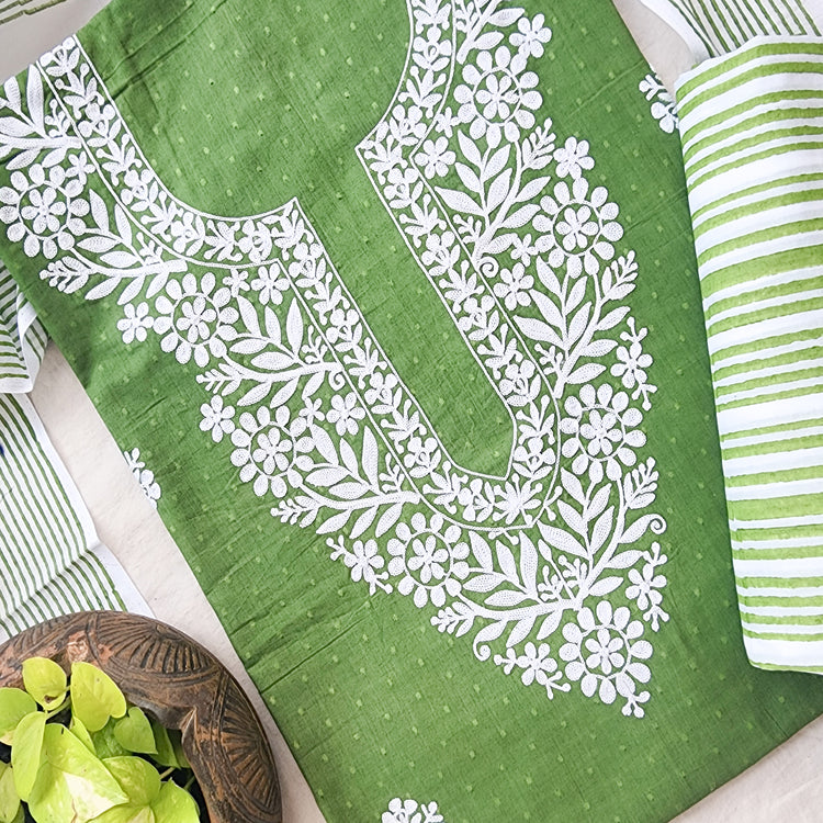 BHAVYA- Pure Cotton Doby Green With Embroidered Yoke Suit – Sanskruti