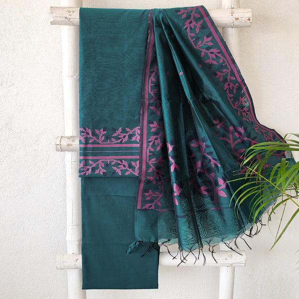 AARADHYA- Jamdani Teal Green With Flower Creeper  Design Top And Dupatta Suit