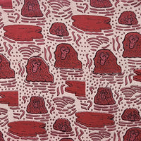 Pure Cotton Vanaspati Pinkish Beige With Rust Red Gorillas Sitting In The Pond Hand Block Print Fabric