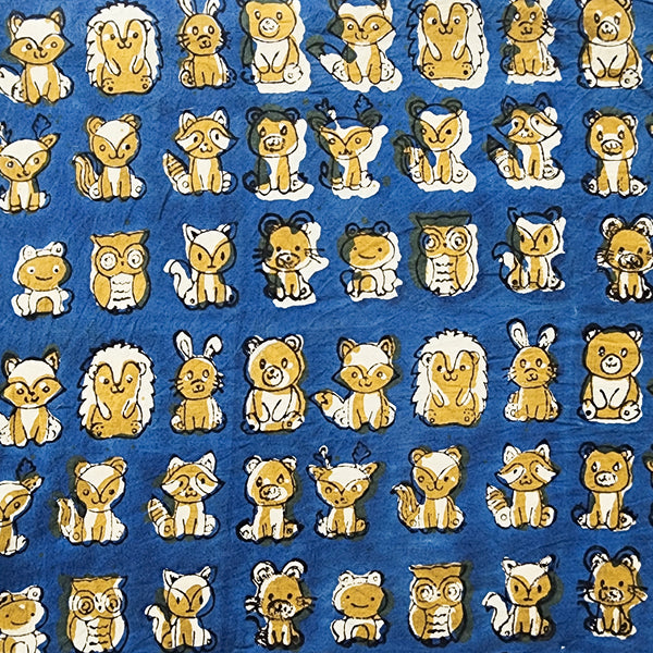 (Pre-cut 1.50 meter)Pure Cotton Bagru Blue With Animal Motif Hand Block Print Fabri