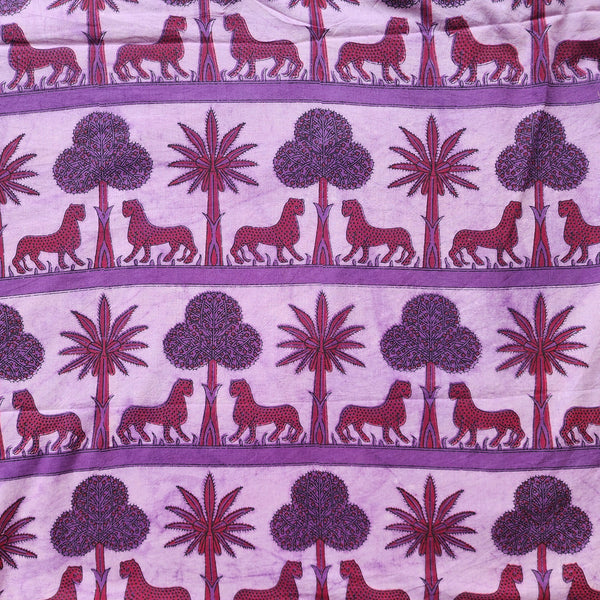 (PRE-CUT 1.40 METER) Pure Cotton Vanaspati Purple With Repeating Pattern Of Wild Animal Hand Block Print Fabric