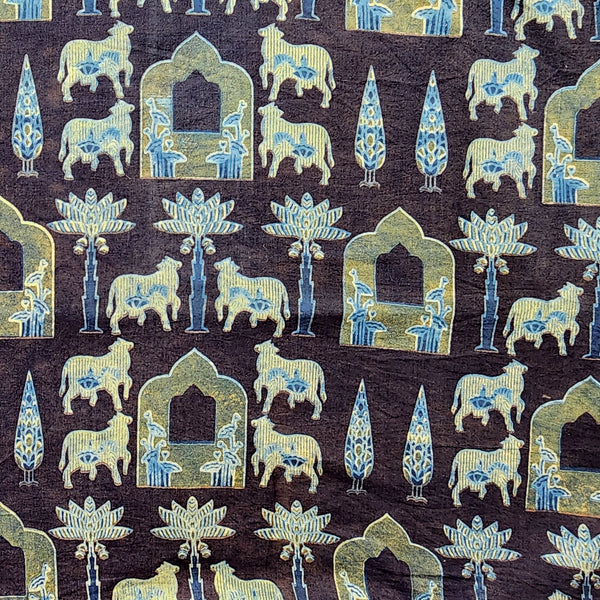 (Pre-Cut 1 Meter) Pure Cotton Vanaspati Rust Black  With Blue Repeating Pattern Of Cow And Window Hand Block Print Fabric