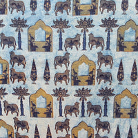 Pure Cotton Vanaspati Rust Blue With Mustard Repeating Pattern Of Cow And Window Hand Block Print Fabric