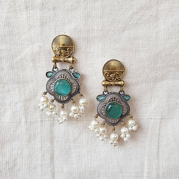 BALAMANI- Sea Green Stone With Pearls German Oxidised  Silver Earrings