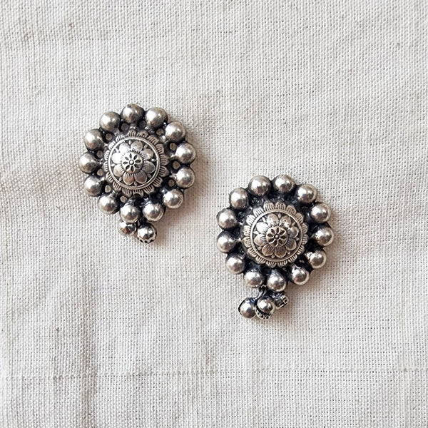 BALAMANI- Silver Flower Stud With Ghungroo German Oxidised Earring