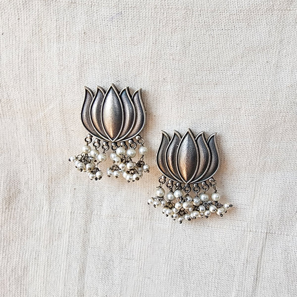 BALAMANI-Beautiful Silver Lotus With Pearls German Oxidised Earring