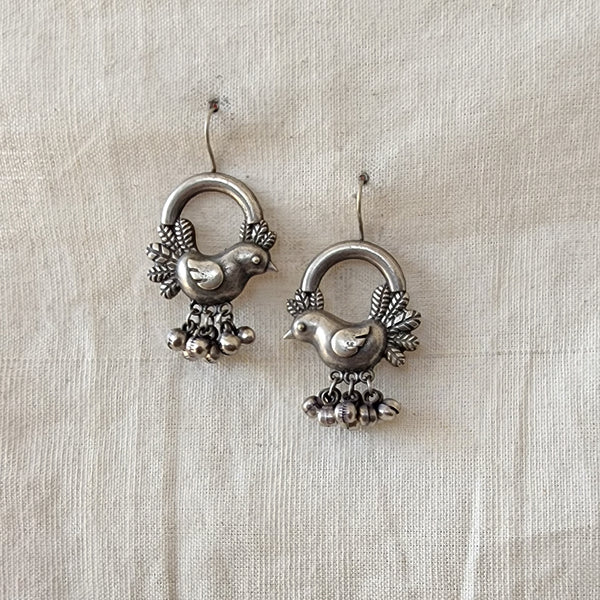 BALAMANI- Silver Brid Shaped With Ghungroo Drop German Oxidised  Silver Earrings