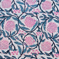 Pure Cotton Jaipuri White With Pink Fruits Jaal Hand Block Print Fabric