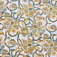 Pure Cotton Jaipuri White With Green And Yellow Flower Jaal Hand Block Print Fabric