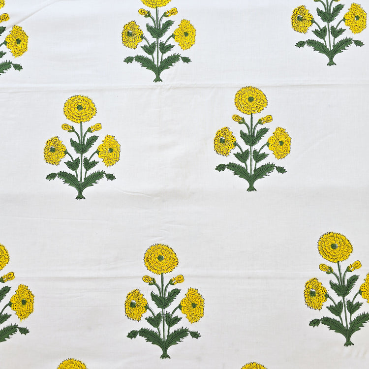 Pure Cotton Jaipuri White With Yellow Big Flower Plants Hand Block Pri Pure cotton jaipuri white with yellow big flower plants hand block pri