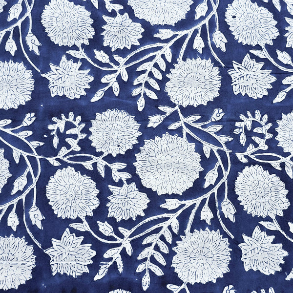 Pure Cotton Jaipuri Blue With White Wild Flower Jaal Hand Block Print Fabric