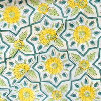 Pure Cotton Jaipuri White With Teal Green And Yellow Flower Intricate Design Hand Block Print Fabric
