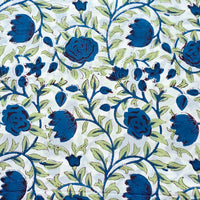 Pure Cotton Jaipuri White With Blue Flower Jaal Hand Block Print Fabric