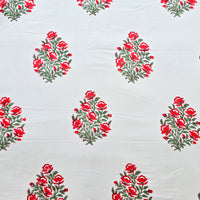 Pure Cotton Jaipuri  White With Pinkish Red Big Flower Plants Hand Block Print Fabric